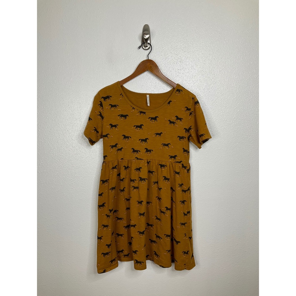 Rylee + Cru Womens Mustard Yellow Horse Print Cotton Babydoll Dress Small